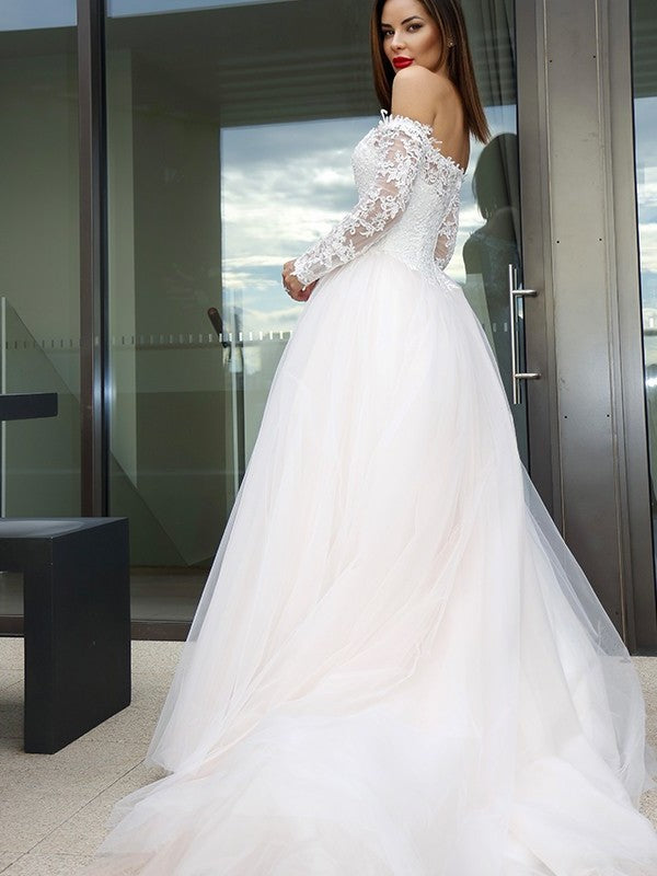 Tulle Long Sleeves Off-the-Shoulder A-Line/Princess Applique Court Train Wedding Dresses