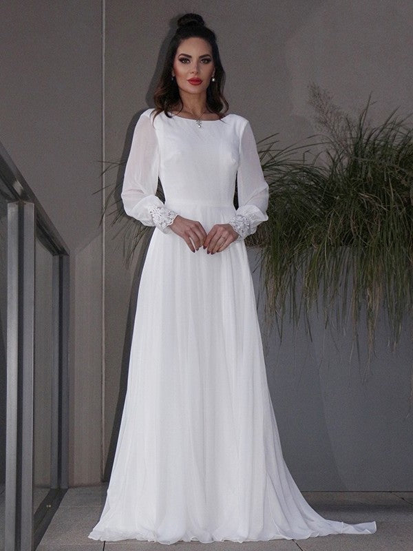 Sleeves Scoop Chiffon A-Line/Princess Sweep/Brush Ruffles Long Train Wedding Dresses