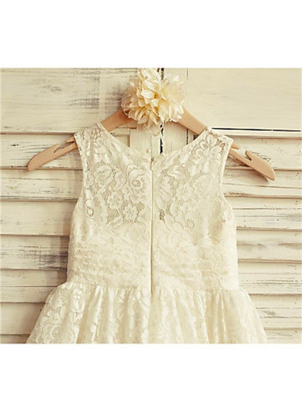 Tea-Length Lace Sleeveless A-line/Princess Scoop Ruffles Flower Girl Dresses