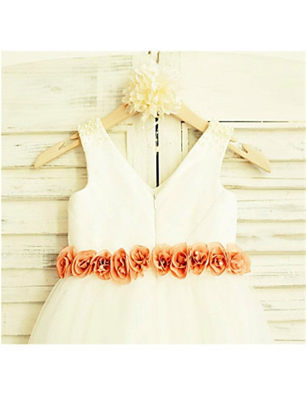 Hand-made Tea-Length A-line/Princess V-neck Flower Tulle Sleeveless Flower Girl Dresses