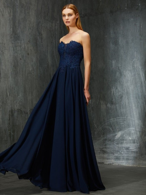 A-Line/Princess Sweetheart Sleeveless Floor-Length Applique Chiffon Dresses