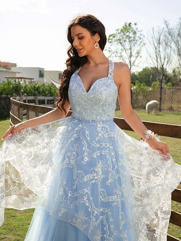 Lace V-neck A-Line/Princess Tulle Sleeveless Floor-Length Dresses