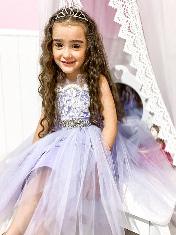 Tulle A-Line/Princess Lace Knee-Length Scoop Sleeveless Flower Girl Dresses