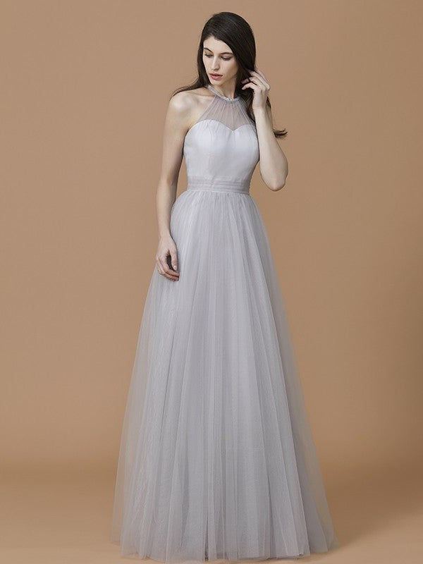 Halter Sleeveless Ruffles Floor-Length A-Line/Princess Tulle Bridesmaid Dresses