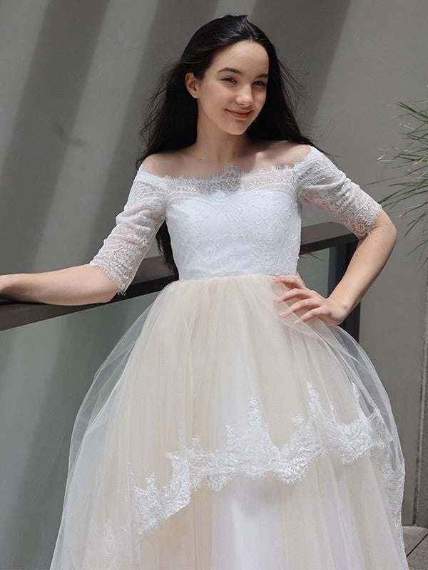 Train Lace Off-the-Shoulder A-Line/Princess Sleeves Ruffles Sweep/Brush 1/2 Junior/Girls Bridesmaid Dresses