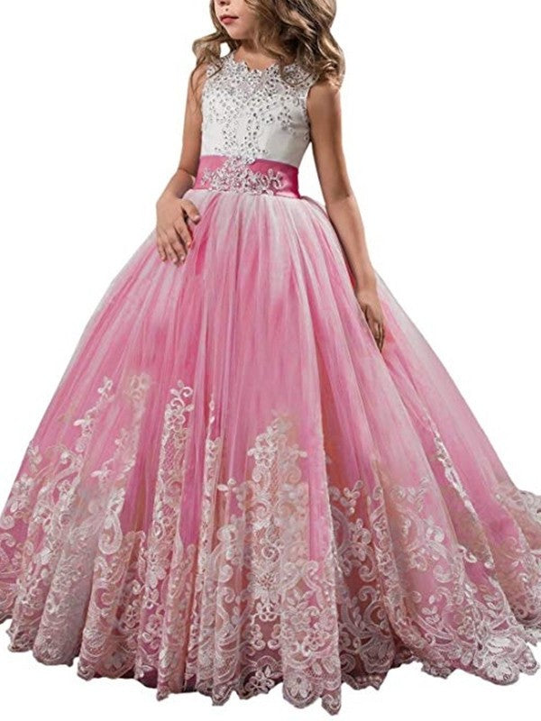 Gown Jewel Train Tulle Sleeveless Ball Lace Sweep/Brush Flower Girl Dresses