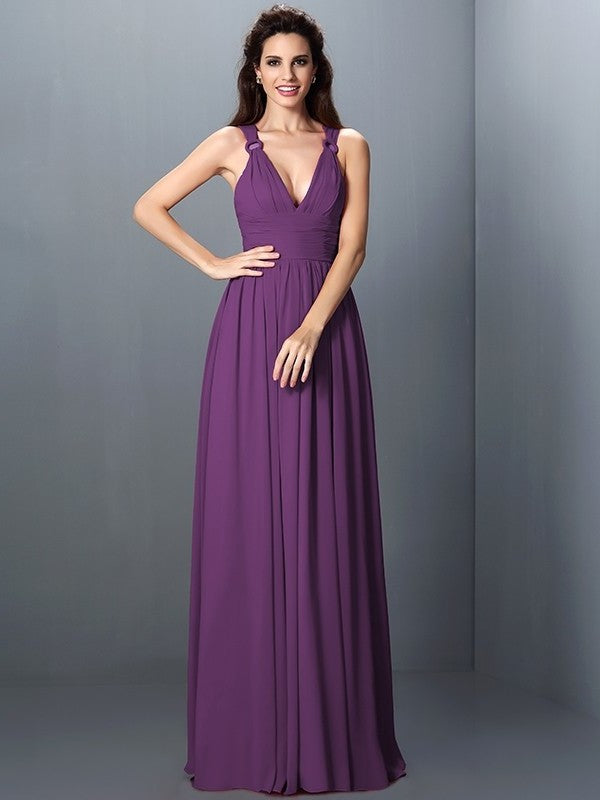 V-neck Pleats Long Sleeveless A-Line/Princess Chiffon Bridesmaid Dresses