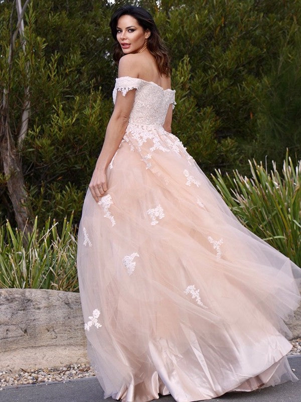 Off-the-Shoulder Applique Tulle A-Line/Princess Sleeveless Floor-Length Dresses