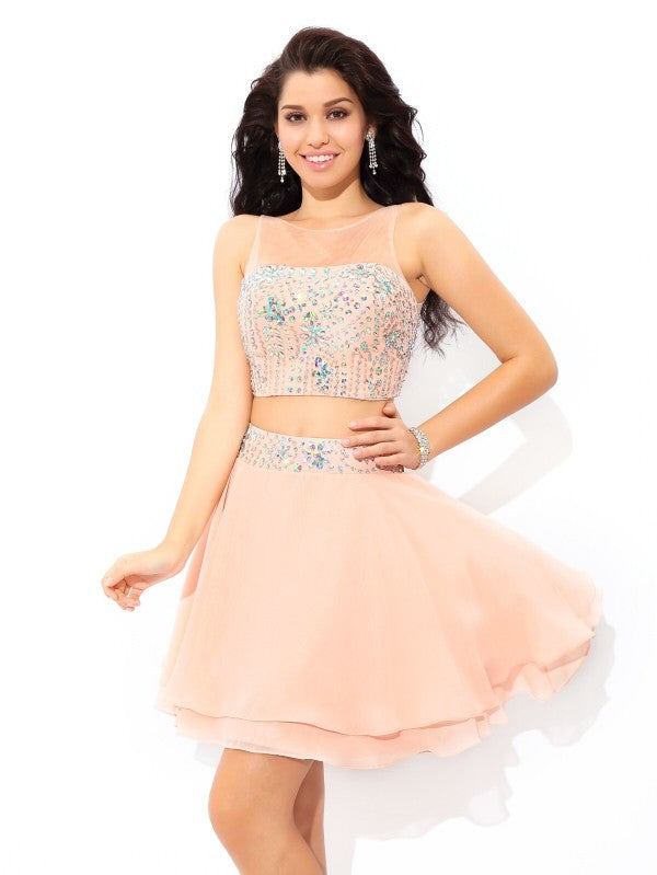 A-Line/Princess Sheer Mylee Neck Beading Homecoming Dresses Sleeveless Short Chiffon Two Piece Dresses