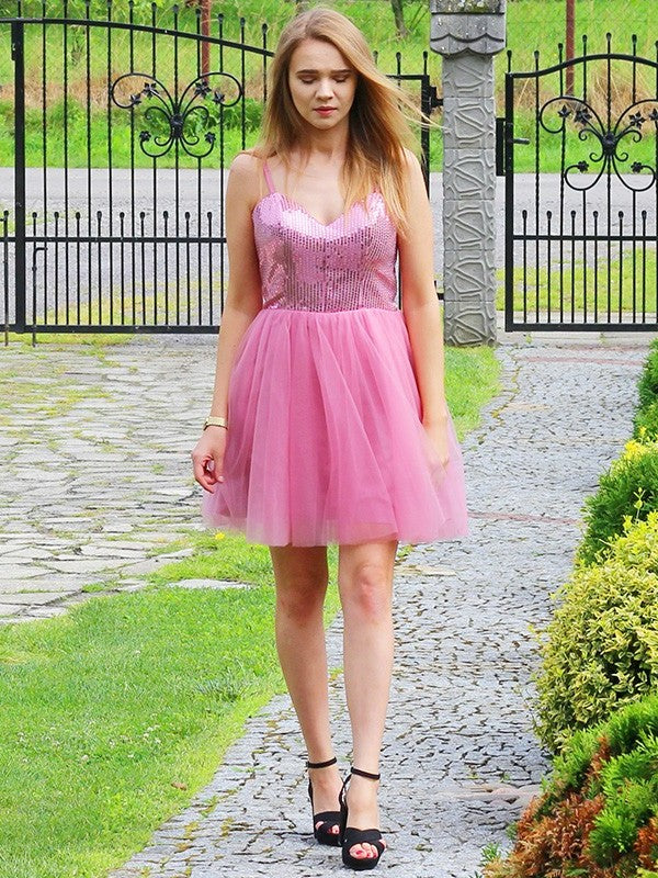 A-Line/Princess Straps Spaghetti Sequin Tulle Sleeveless Short/Mini Homecoming Dresses