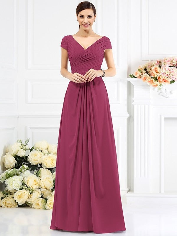 Sleeves Pleats A-Line/Princess Long V-neck Short Chiffon Bridesmaid Dresses