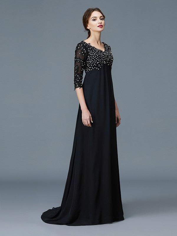 V-neck of Beading 1/2 Floor-Length Chiffon Sleeves A-Line/Princess Mother the Bride Dresses