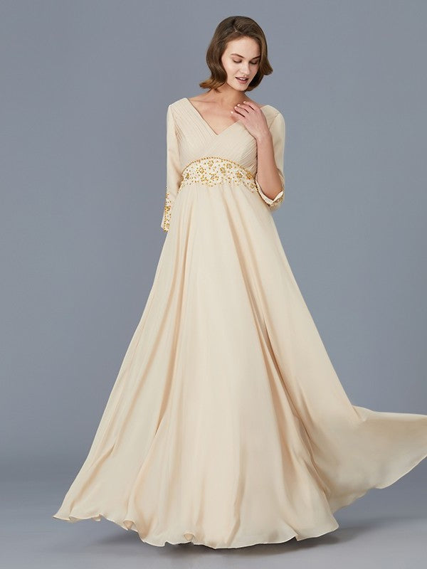 V-neck of Floor-Length A-Line/Princess Mother Chiffon Ruffles the Bride Dresses