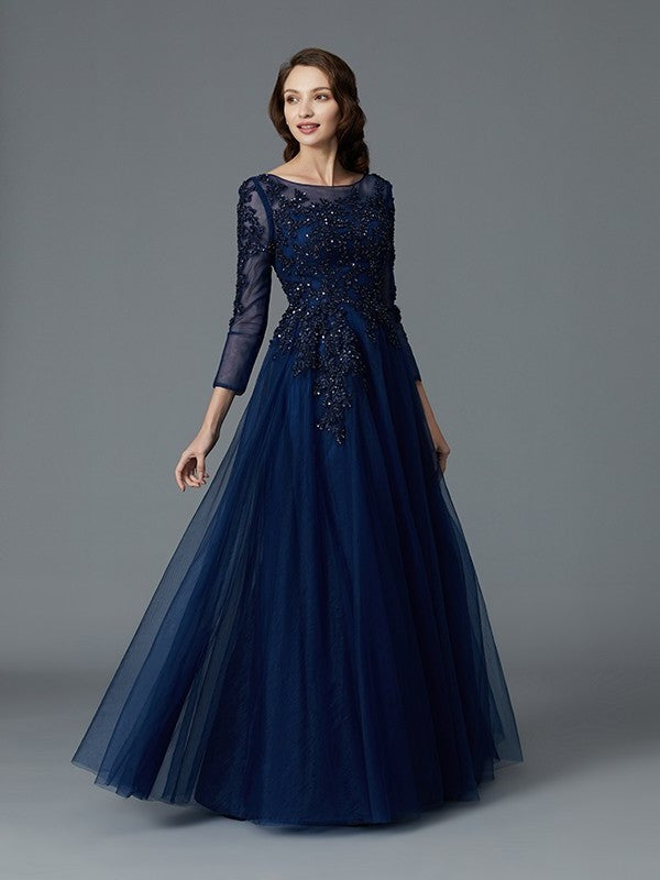 Tulle Beading Sleeves of Long Floor-Length A-Line/Princess Mother Scoop the Bride Dresses