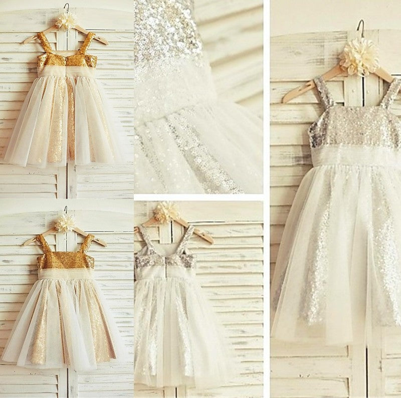 Sleeveless Straps Tea-Length A-line/Princess Spaghetti Ruffles Sequins Flower Girl Dresses