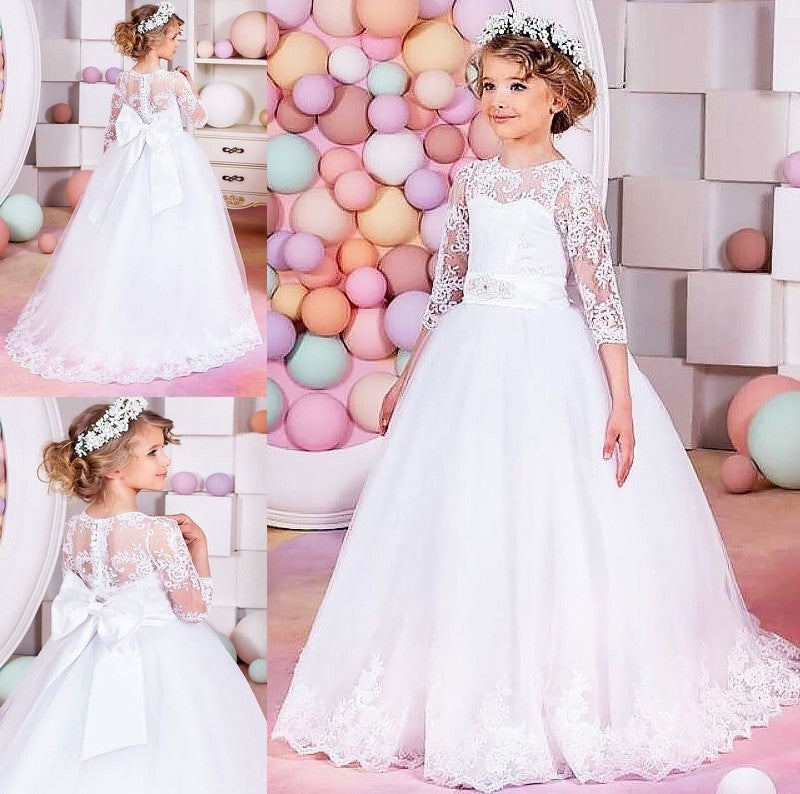 Train Sweep/Brush Tulle Ball 1/2 Gown Jewel Lace Sleeves Flower Girl Dresses