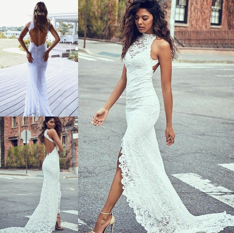 Sweep/Brush Lace Trumpet/Mermaid Halter Sleeveless Train Wedding Dresses