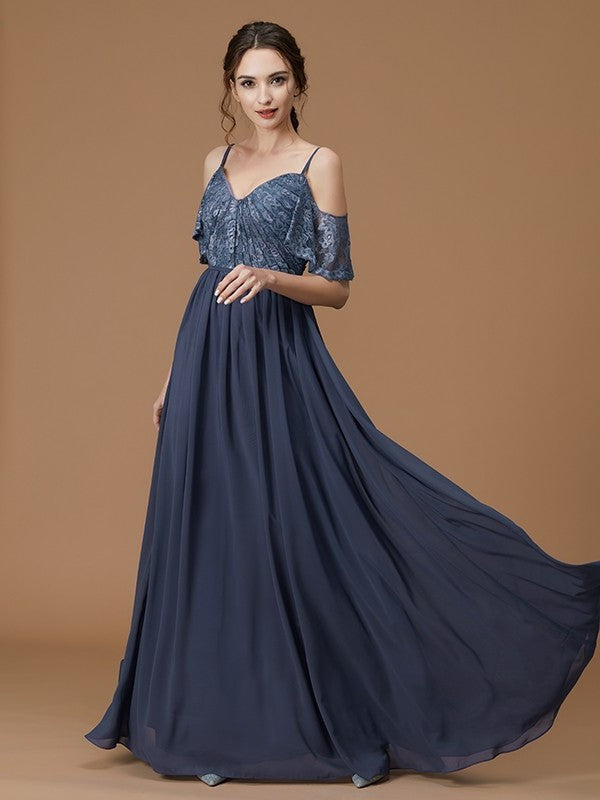 Straps Floor-Length A-Line/Princess Sleeveless Lace Spaghetti Chiffon Bridesmaid Dresses