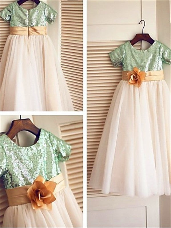 Sequin Short Tulle Tea-Length A-line/Princess Sleeves Scoop Flower Girl Dresses