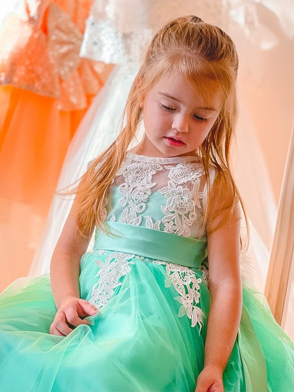 Sleeveless Tulle Knee-Length Scoop Applique A-Line/Princess Flower Girl Dresses