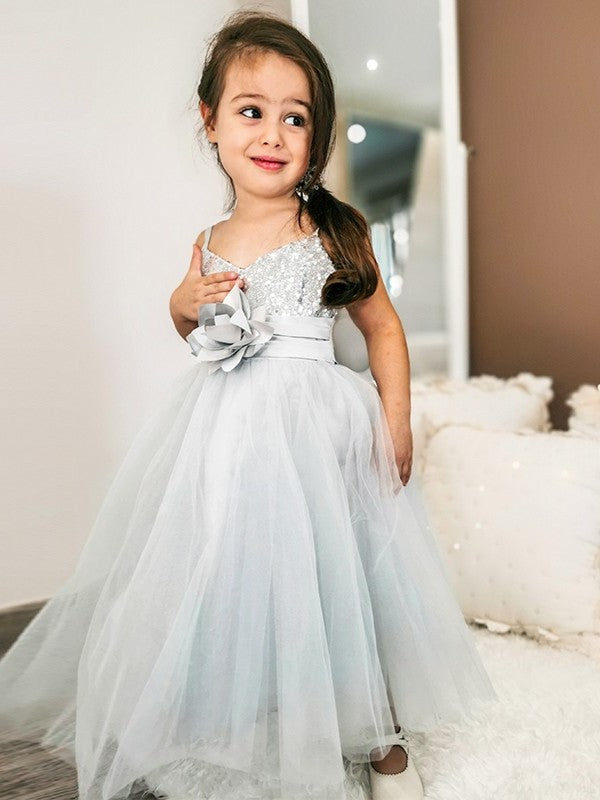 Straps Sleeveless Spaghetti Sequin Tulle A-Line/Princess Tea-Length Flower Girl Dresses