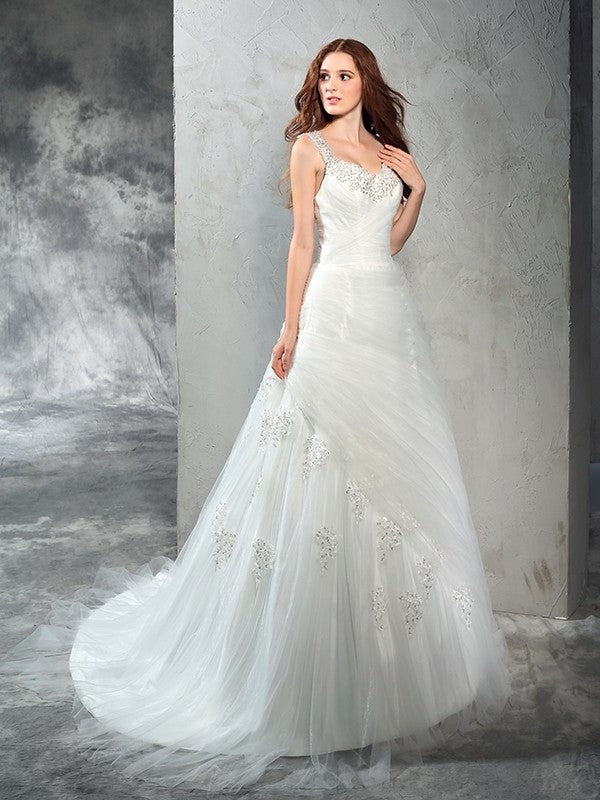 Straps Sleeveless Long Ball Gown Applique Net Wedding Dresses