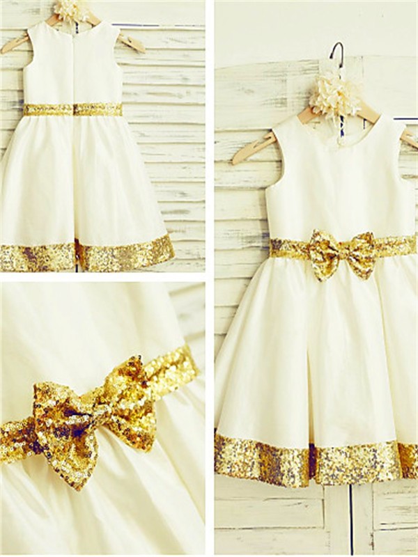 Scoop Sleeveless Sequin Satin Tea-Length A-line/Princess Flower Girl Dresses