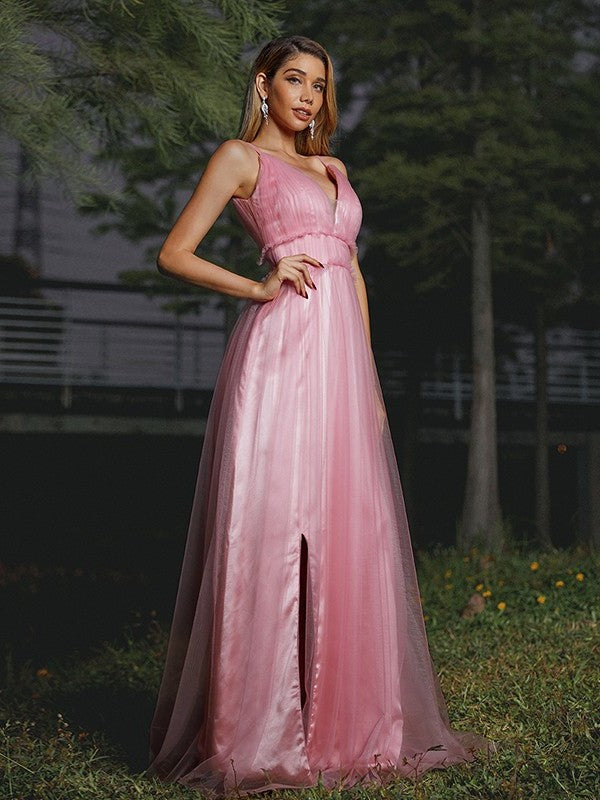 Sweep/Brush Ruffles V-neck Tulle A-Line/Princess Sleeveless Train Bridesmaid Dresses