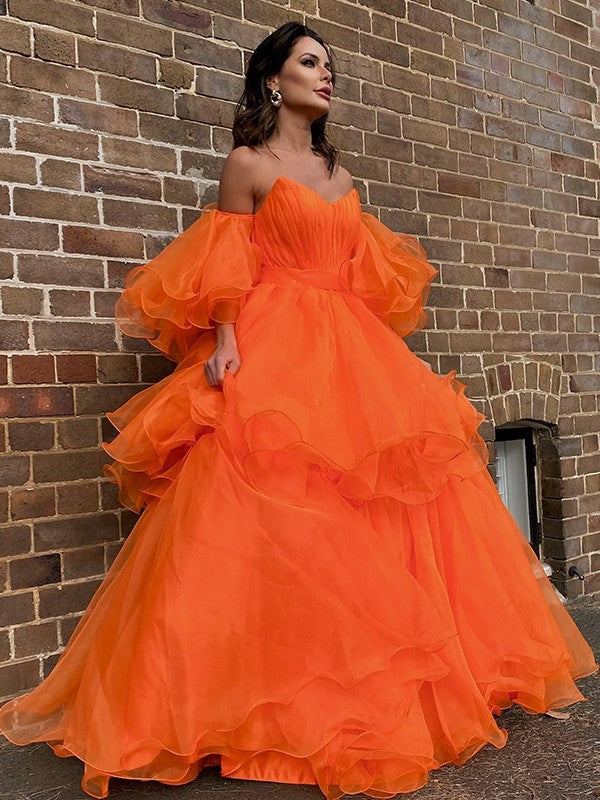 Long A-Line/Princess Off-the-Shoulder Layers Organza Sleeves Floor-Length Dresses