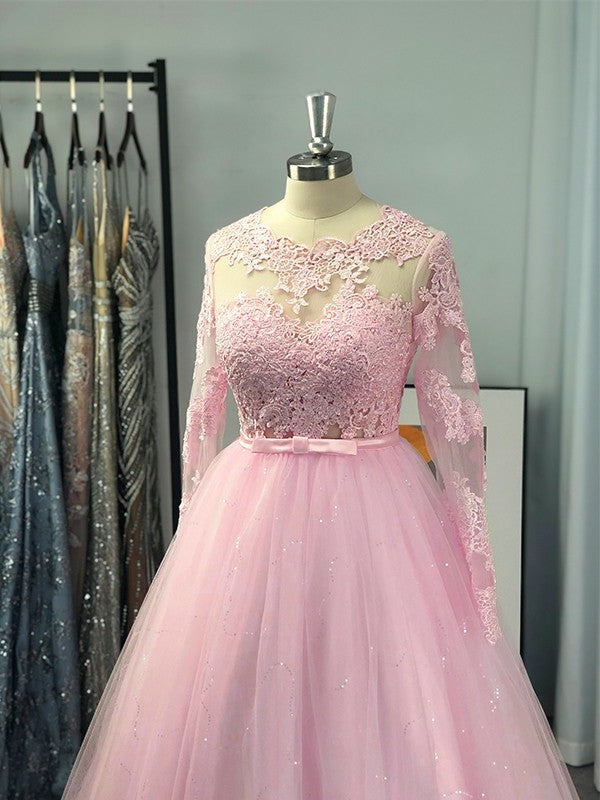 Gown Jewel Long Sleeves Tulle Ball Lace Sweep/Brush Train Dresses