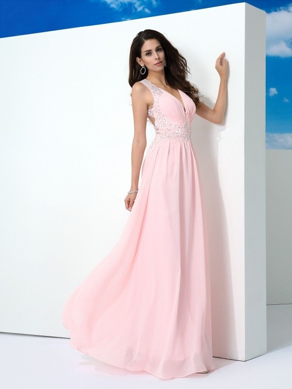 Beading A-Line/Princess Sleeveless Straps Long Chiffon Dresses