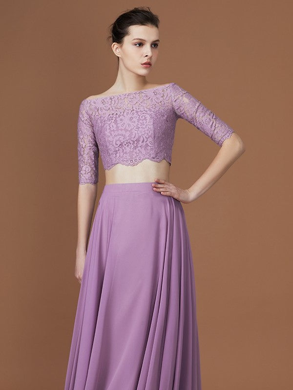 Sleeves Off-the-Shoulder Floor-Length 1/2 A-Line/Princess Lace Chiffon Bridesmaid Dress