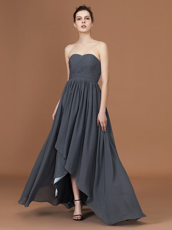 Asymmetrical A-Line/Princess Sleeveless Ruched Sweetheart Floor-Length Chiffon Bridesmaid Dresses