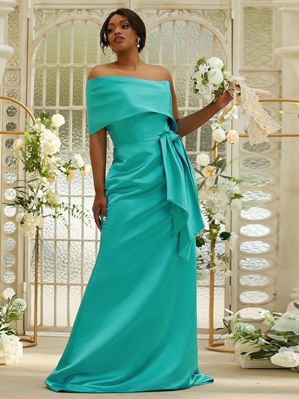 Sweep/Brush Sleeveless One-Shoulder Sheath/Column Ruched Satin Train Bridesmaid Dresses