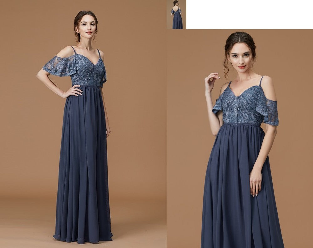 Straps Floor-Length A-Line/Princess Sleeveless Lace Spaghetti Chiffon Bridesmaid Dresses