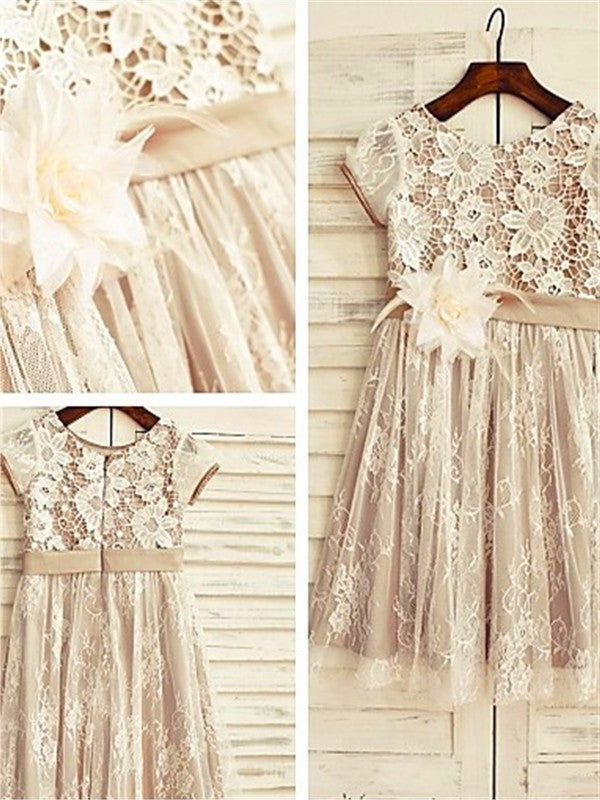 Lace Short Scoop Flower Hand-made A-line/Princess Sleeves Tea-Length Flower Girl Dresses