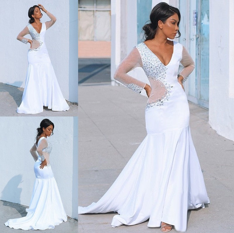 Long Sleeves V-neck Beading Trumpet/Mermaid Satin Court Train Dresses