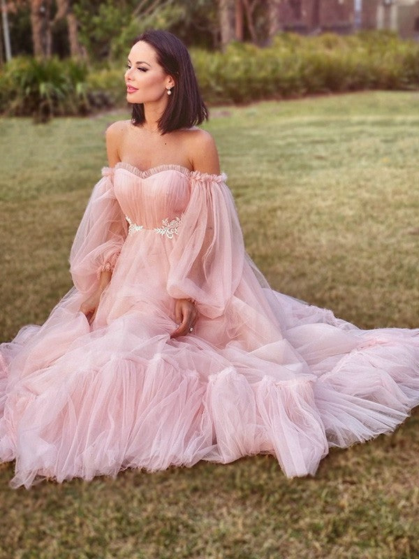 Long Sleeves Tulle A-Line/Princess Floor-Length Applique Off-the-Shoulder Dresses