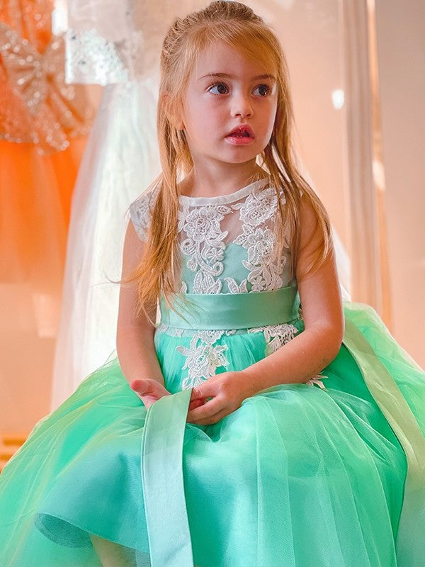 Sleeveless Tulle Knee-Length Scoop Applique A-Line/Princess Flower Girl Dresses