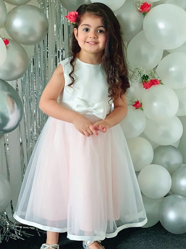 Sleeveless Tea-Length Bowknot Organza A-Line/Princess Scoop Flower Girl Dresses