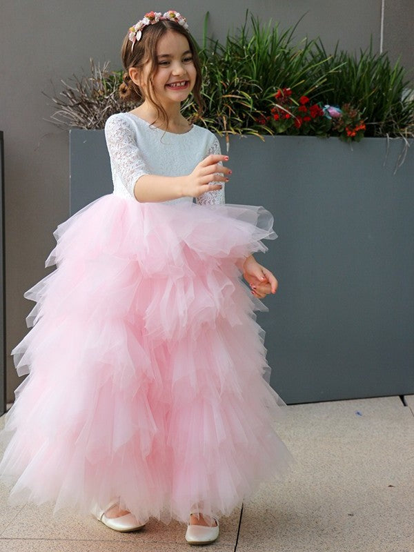 Sleeves 3/4 A-Line/Princess Tulle Scoop Lace Ankle-Length Flower Girl Dresses