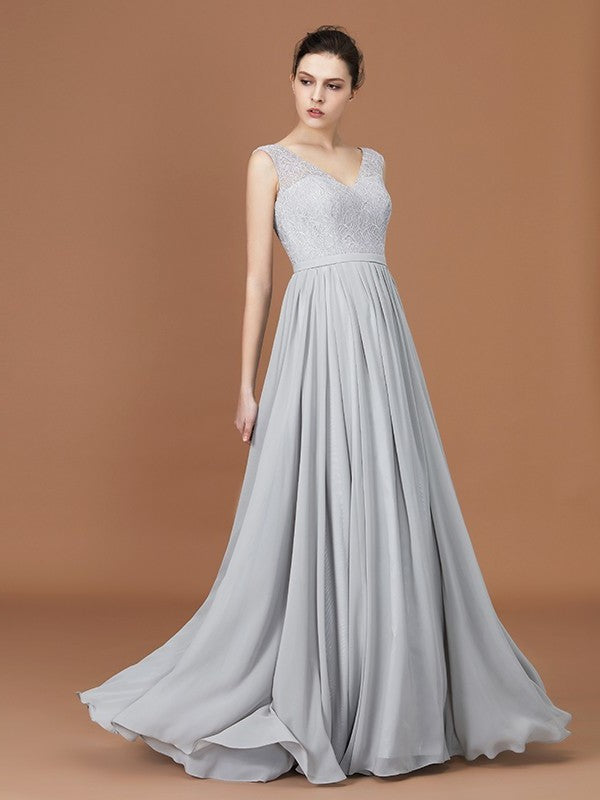 V-neck Floor-Length Chiffon Sleeveless A-Line/Princess Lace Bridesmaid Dress