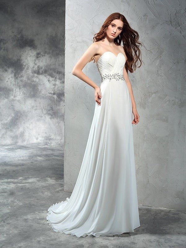 Sweetheart Long Pleats Sleeveless A-Line/Princess Chiffon Wedding Dresses