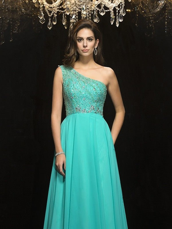 Beading A-Line/Princess One-Shoulder Sleeveless Long Chiffon Dresses