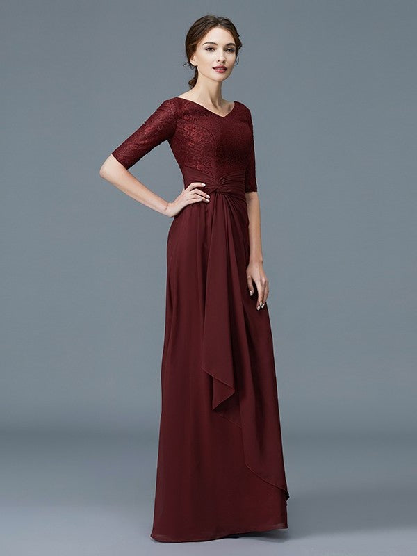 V-neck Floor-Length Sleeves Mother 1/2 of Ruffles Chiffon A-Line/Princess the Bride Dresses