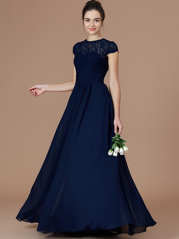 Lace Sleeves Jewel A-Line/Princess Short Floor-Length Chiffon Bridesmaid Dresses