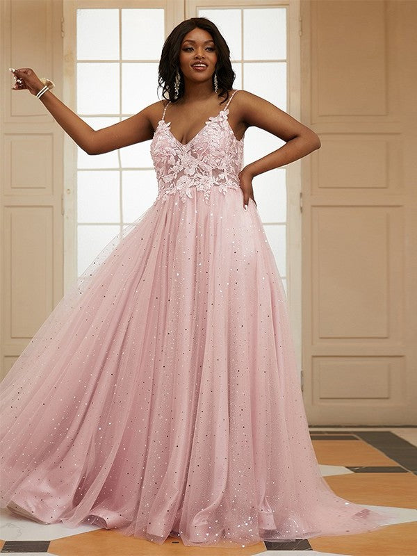 Tulle V-neck Sleeveless Applique A-Line/Princess Sweep/Brush Train Dresses