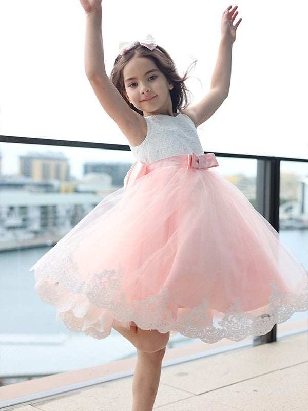 Sleeveless Short/Mini Bowknot A-Line/Princess Lace Scoop Flower Girl Dresses