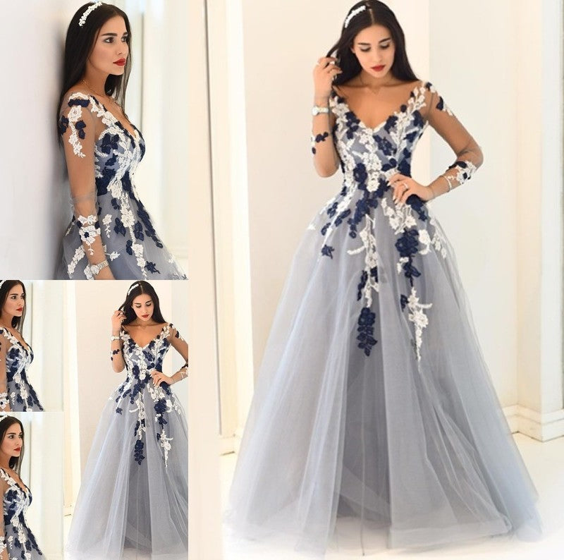 Applique Sleeves Long V-Neck A-Line/Princess Tulle Floor-Length Dresses