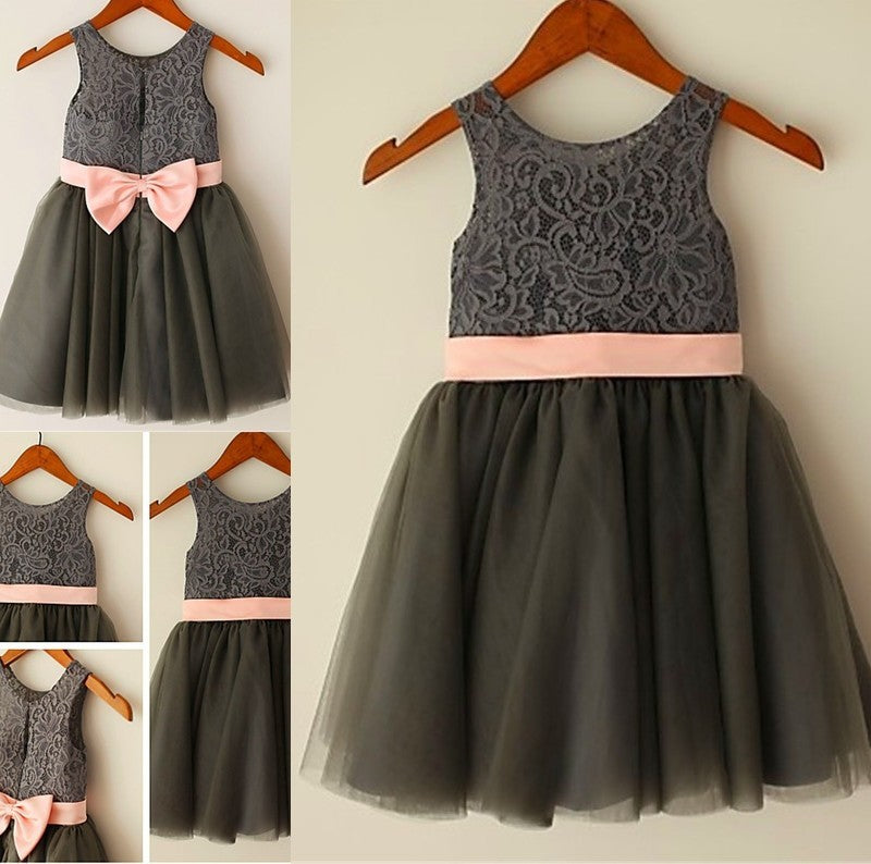 Bowknot Tea-Length Scoop Tulle A-line/Princess Sleeveless Flower Girl Dresses